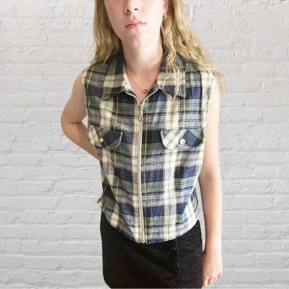 Vintage 90s Collin Creek Silk-Cotton Plaid Zip Front Sleeveless Shirt Vest - Picture 2 of 12